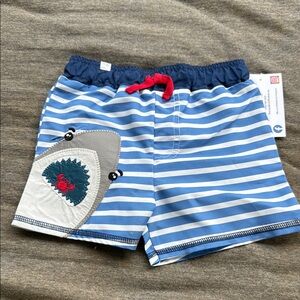 Mud Pie Blue and White Striped Kids Swim Trunks with Shark Design